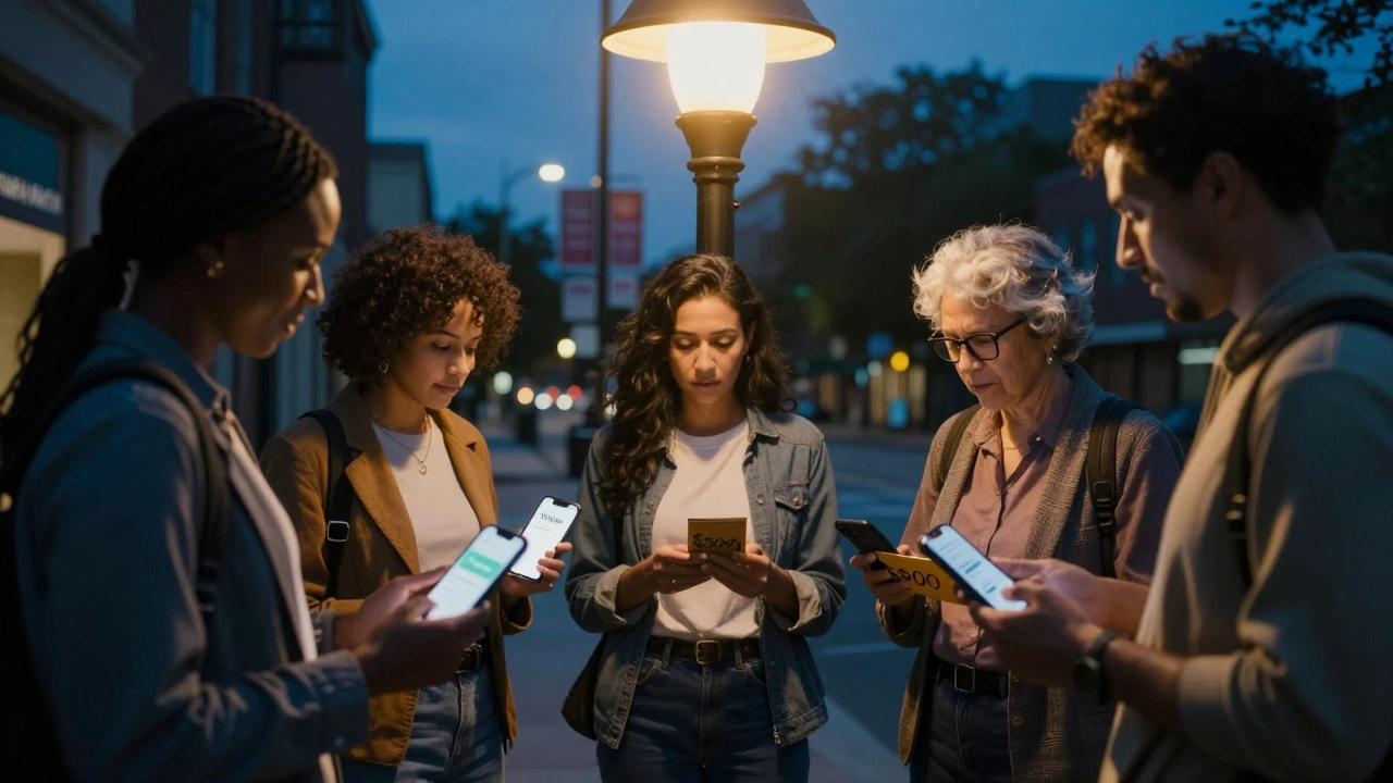 A diverse group of sex workers standing in a circle at night, each holding a 0 grant envelope under a streetlamp.