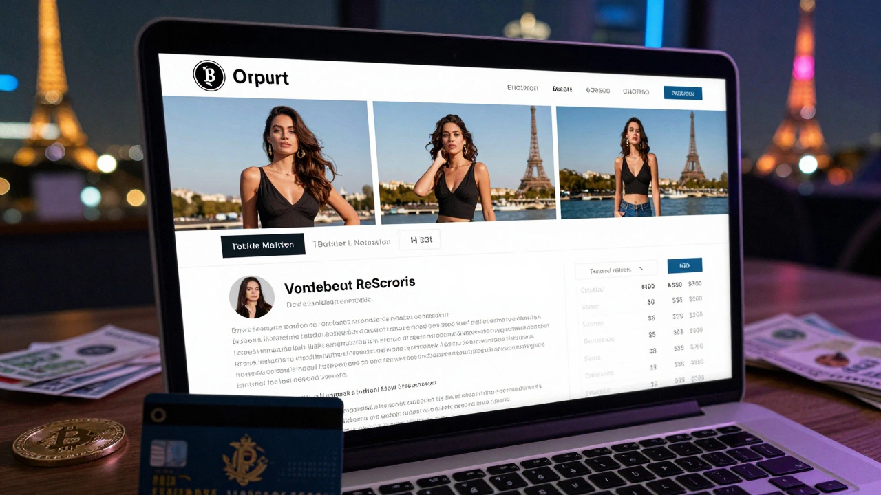 A laptop screen displays a curated escort profile with fake photos and credentials, illuminated by cold screen light.