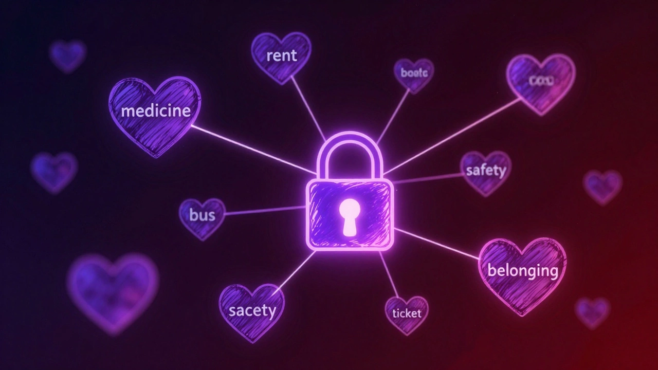 Abstract digital network of connected words like &#039;rent&#039; and &#039;safety&#039; leading to an opening padlock, symbolizing privacy and empowerment.