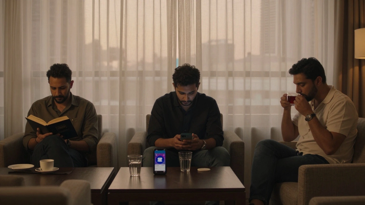 Three expats sit alone in a hotel lounge at dusk, each isolated despite being in the same room.